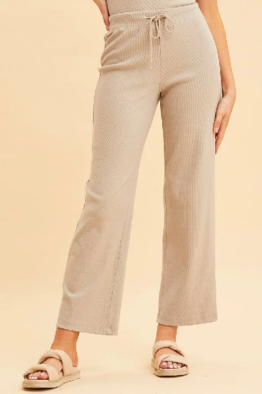 Beige Wide Leg Pant Rib Crop Drawstring Waist