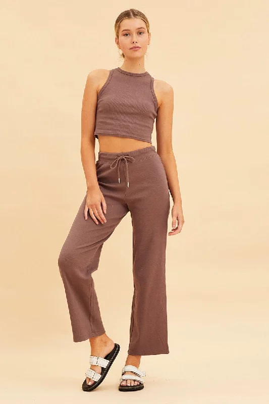 Brown Wide Leg Pant Rib Crop Drawstring Waist