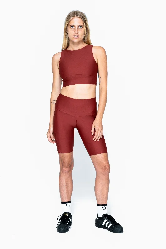 burnt-copper-performance-panel-pocket-high-waisted-long-shorts