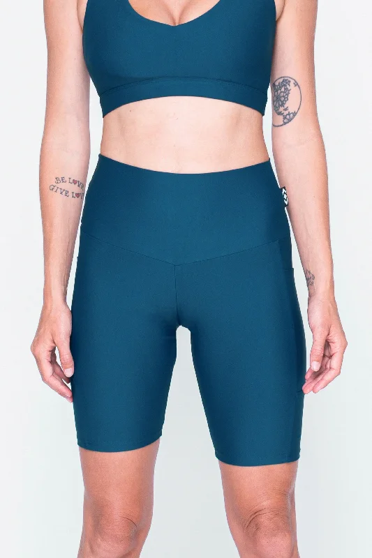 dark-teal-performance-panel-pocket-high-waisted-long-shorts