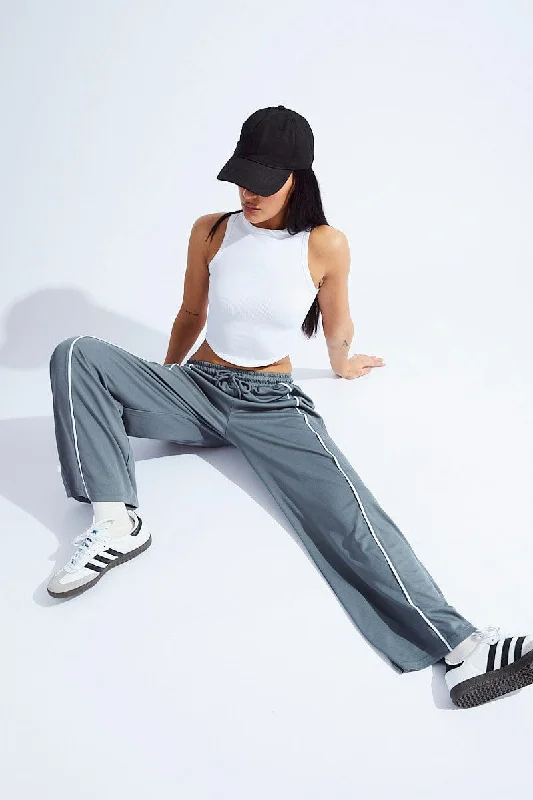 Grey Wide Leg Track Pants Mid Rise