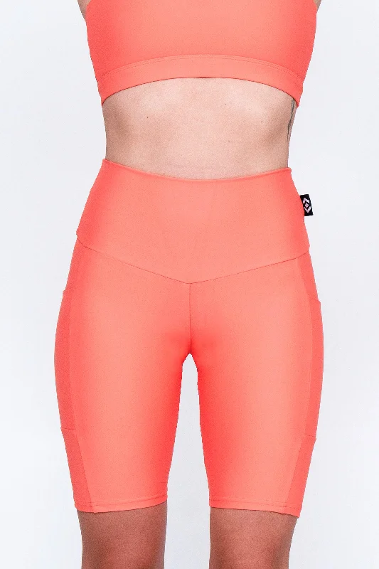 neon-coral-performance-panel-pocket-high-waisted-long-shorts