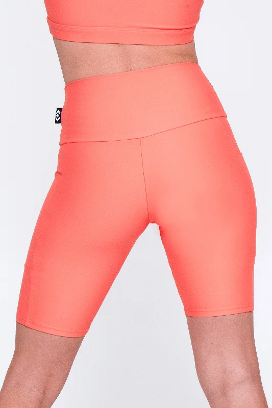 neon-coral-performance-panel-pocket-high-waisted-long-shorts