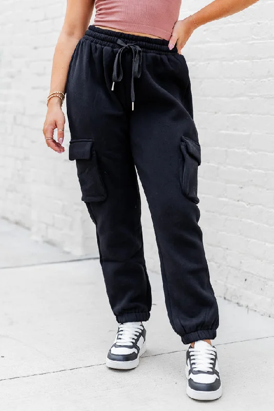 On The Go Black Fleece Cargo Jogger