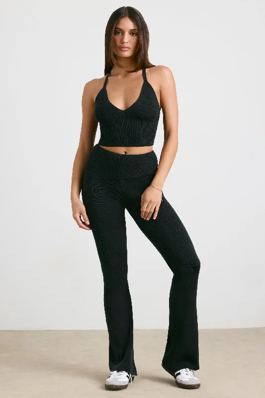 Muse - Petite Chunky Knit Kick Flare Trousers in Black