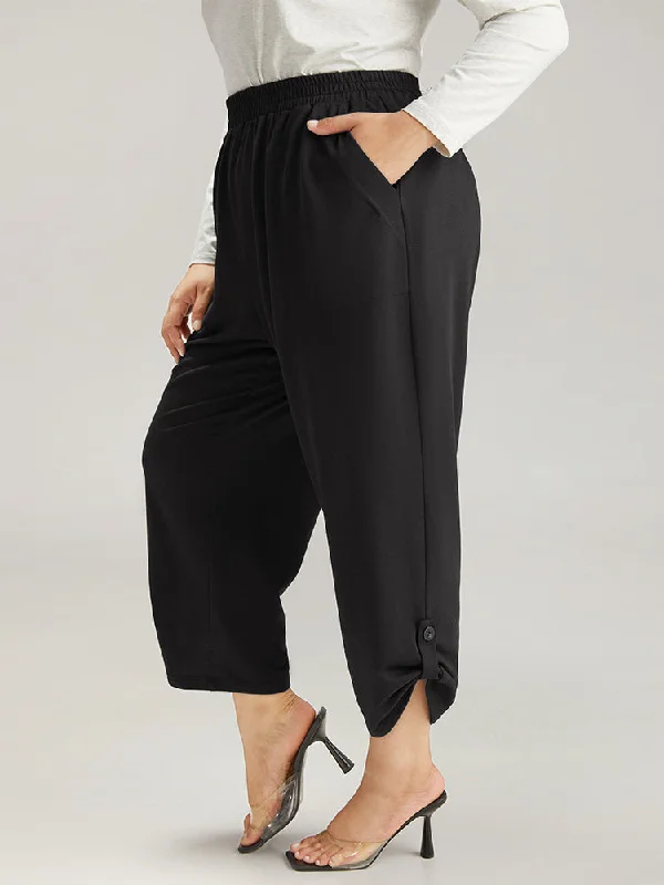 Plain Elastic Waist Button Detail Sweatpant