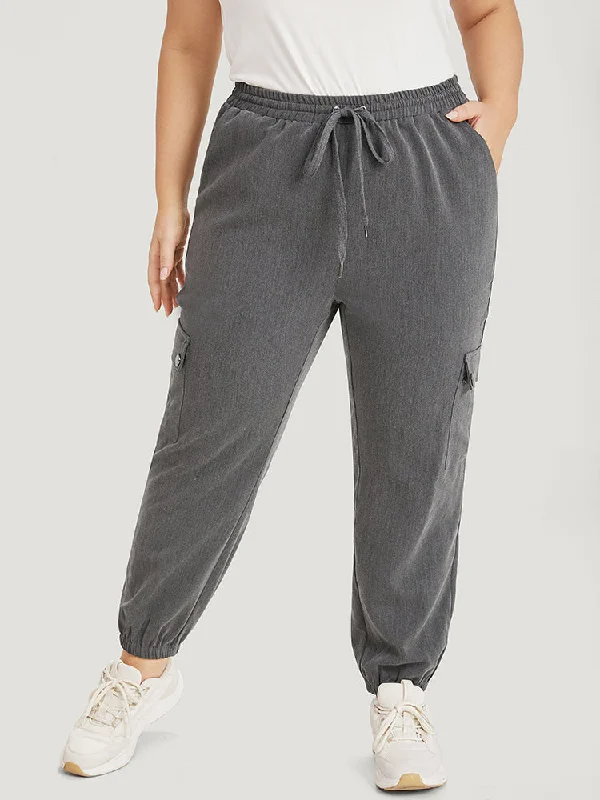 Plain Eyelet Drawstring Flap Pocket Sweatpants