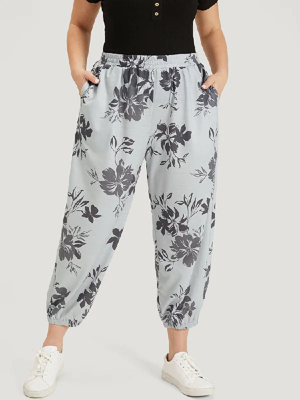 Silhouette Floral Print Pocket Elastic Waist Sweatpants