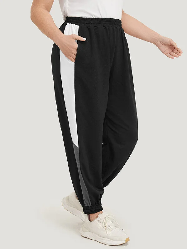 Solid Elastic Waist Pocket Contrast Sweatpants