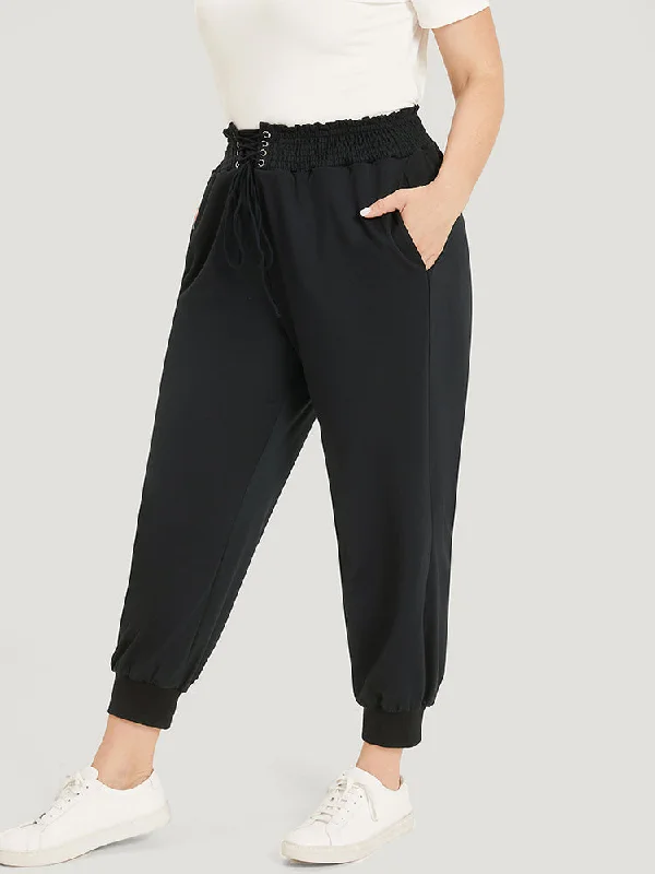 solid-pocket-bowknot-shirred-sweatpants