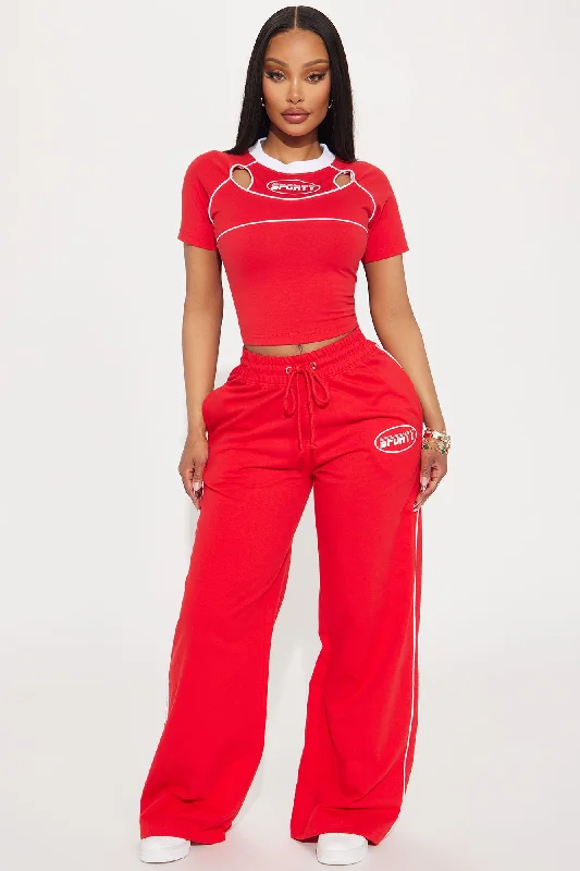 Sporty Contrast Wide Leg Pant - Red