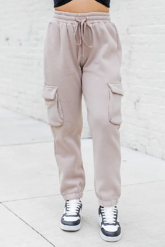 On The Go Taupe Fleece Cargo Jogger