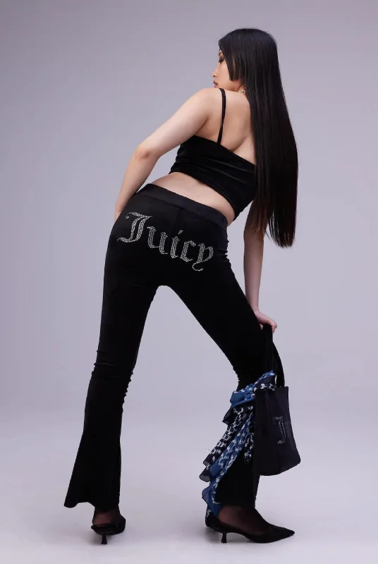 BLACK VELOUR DIAMANTE FLARED PANTS