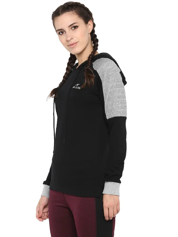 Alcis Women Black Grey Colourblocked Hooded Sweatshirt