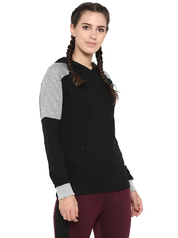 Alcis Women Black Grey Colourblocked Hooded Sweatshirt