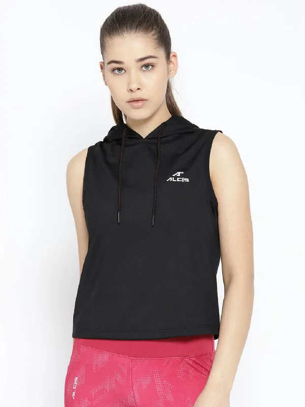 Alcis Women Black Solid Hooded Sleeveless Sweatshirt