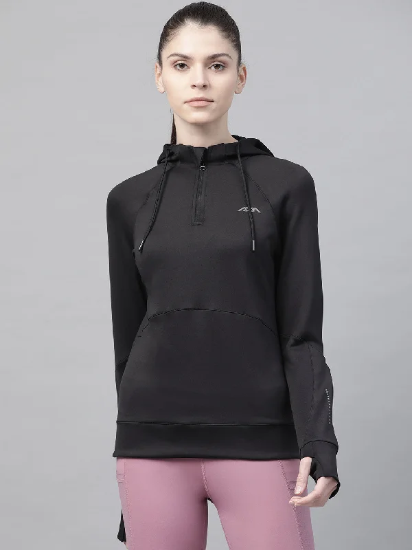 Alcis Women Black Solid Hooded Sweatshirt