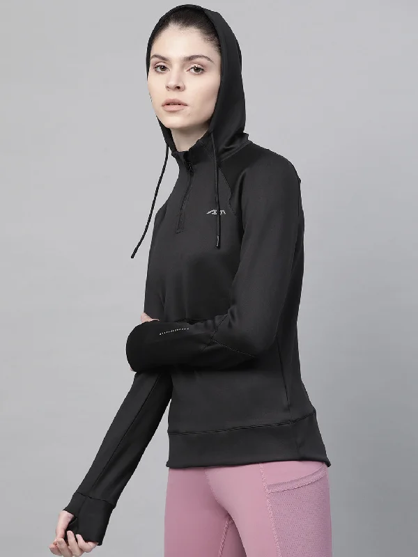 Alcis Women Black Solid Hooded Sweatshirt