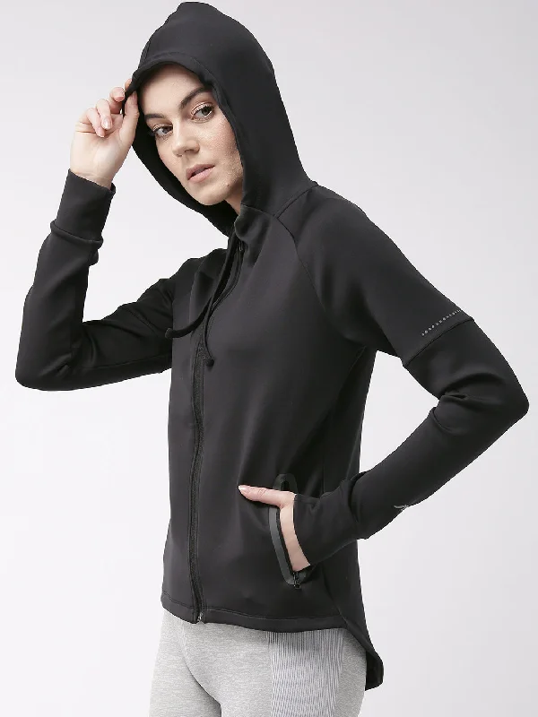 Alcis Women Black Solid Hooded Sweatshirt