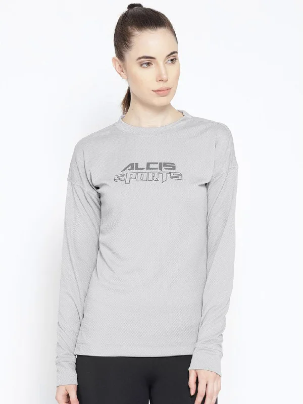 Alcis Women Grey Self Design Round Neck T-shirt