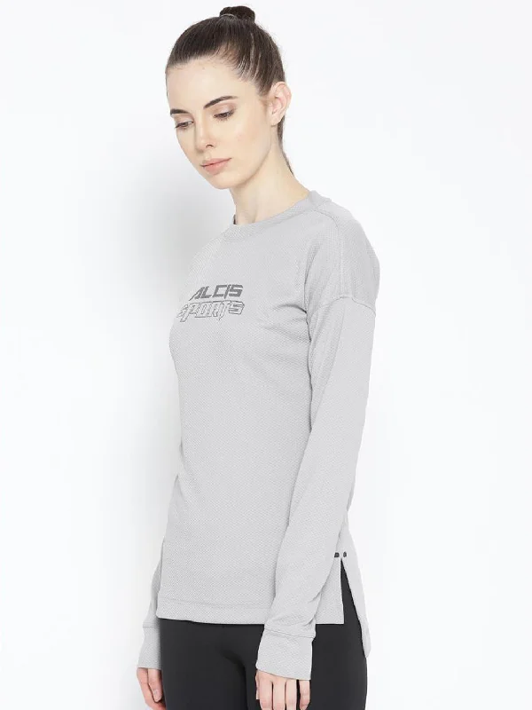 Alcis Women Grey Self Design Round Neck T-shirt