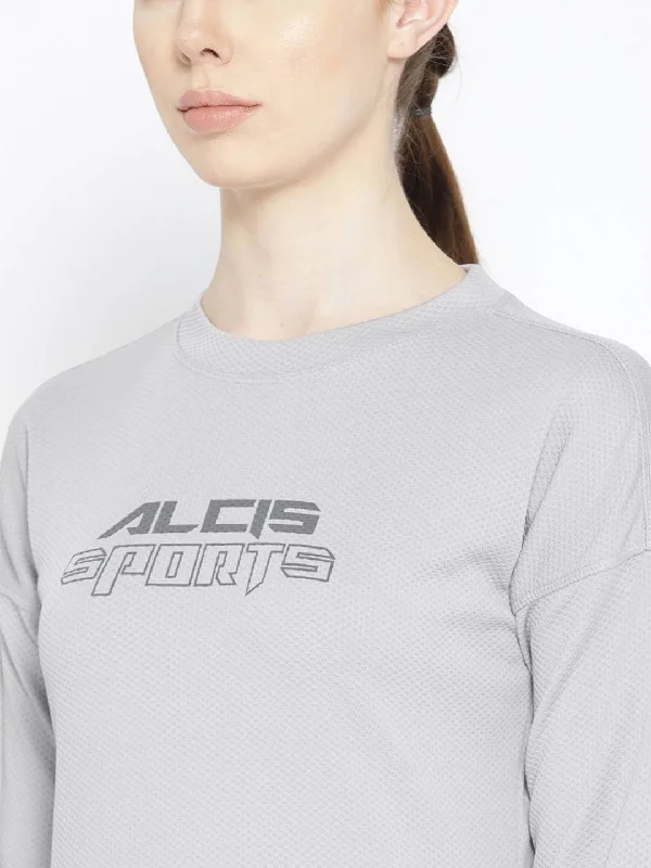 Alcis Women Grey Self Design Round Neck T-shirt