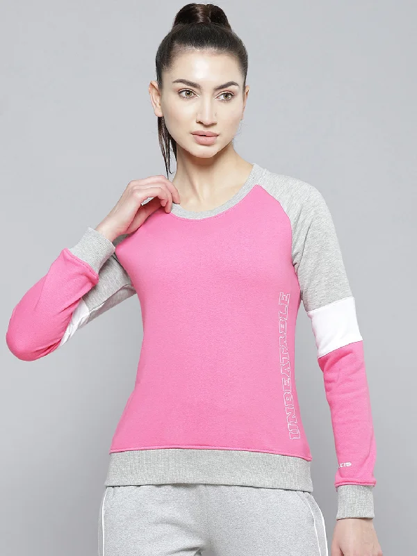 Alcis Women Pink Grey Melange Colourblocked Cotton Sweatshirt with Side Applique Prints