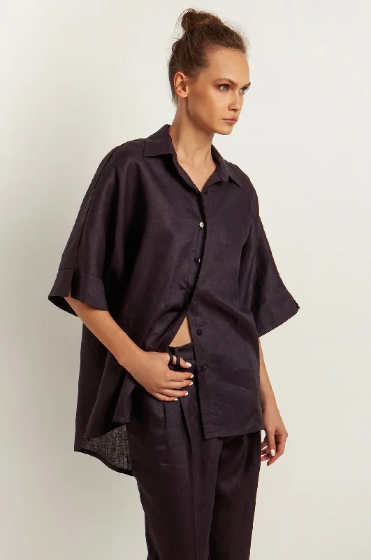 Back Pleat Linen Shirt Black