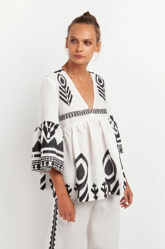 Feather Bell Sleeve Tunic Top White/Black