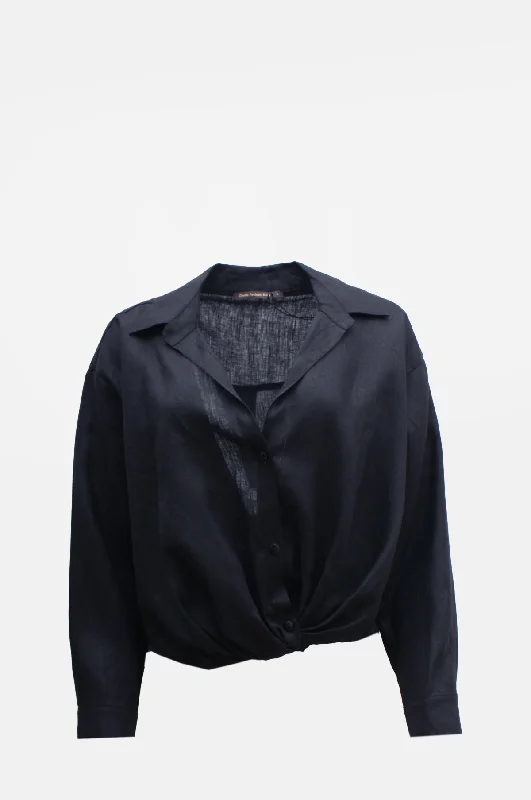 Front Tie Linen Blouse Black