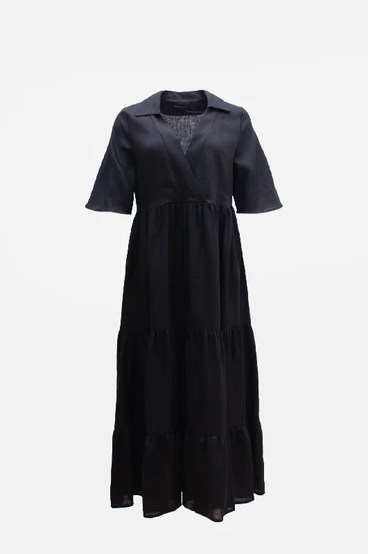 Minimal Linen Long S/S Collar Dress Black