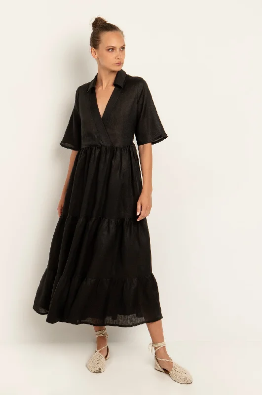 Minimal Linen Long S/S Collar Dress Black