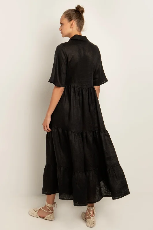 Minimal Linen Long S/S Collar Dress Black