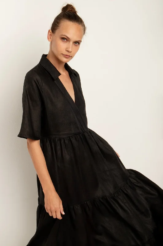 Minimal Linen Long S/S Collar Dress Black