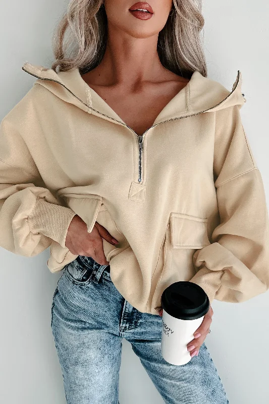 She's Cool Cargo Pocket Half-Zip Hoodie (Oatmeal)