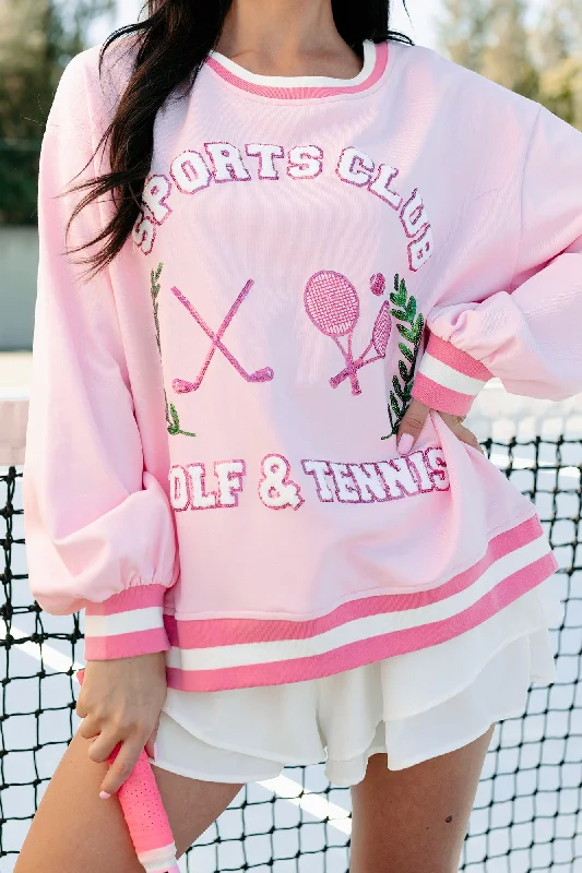 ""Sports Club"" Sequin Patch Sweatshirt (Light Pink)