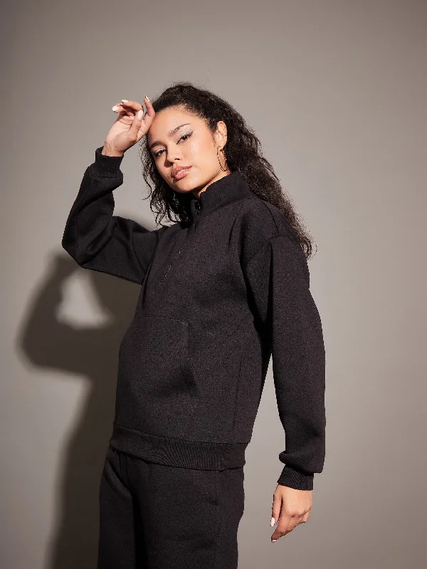 Women Black Fleece Front Zipper Sweatshirt