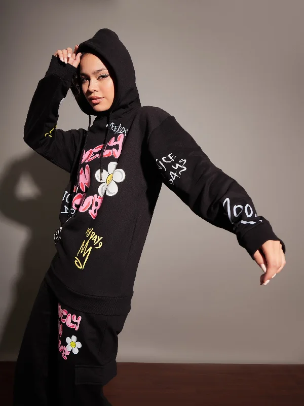 Women Black LOVELY FUN CLUB Hoodie