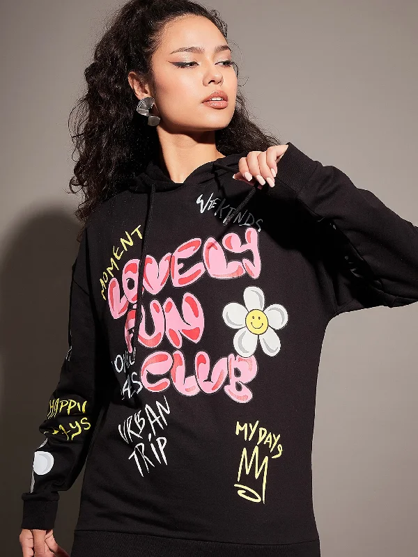 Women Black LOVELY FUN CLUB Hoodie