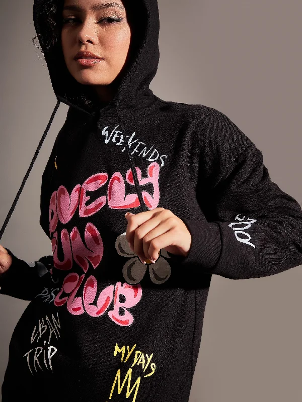 Women Black LOVELY FUN CLUB Hoodie