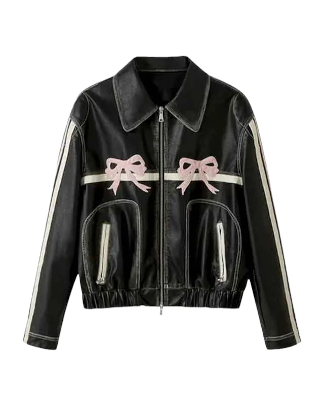 Women Bow Leather Jacket