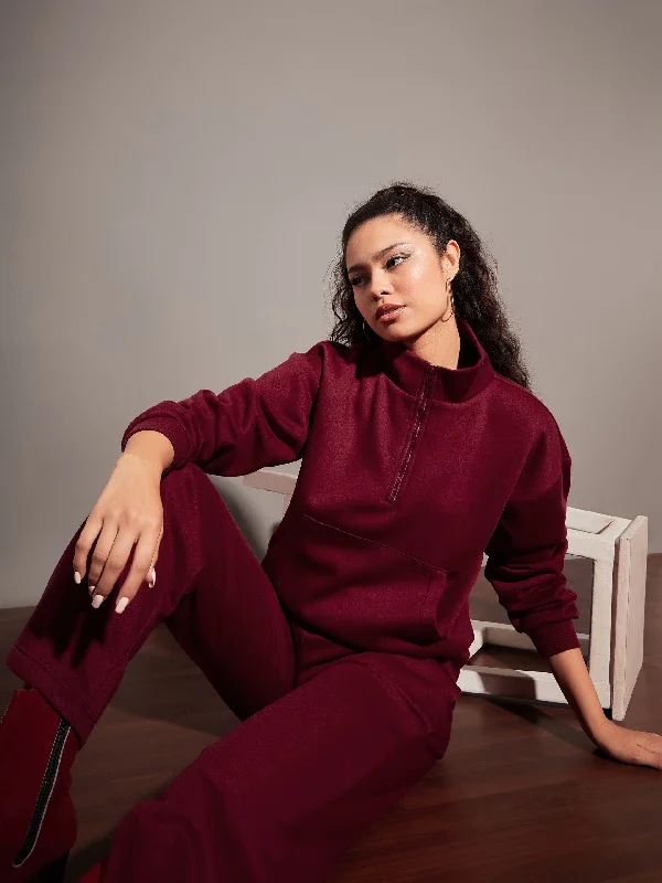 Women Maroon Fleece Front Zipper Sweatshirt