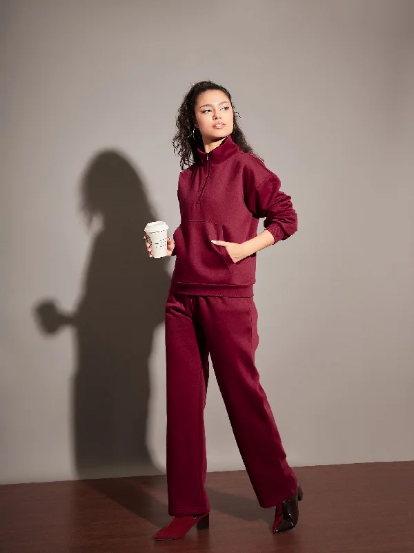 Women Maroon Fleece Front Zipper Sweatshirt