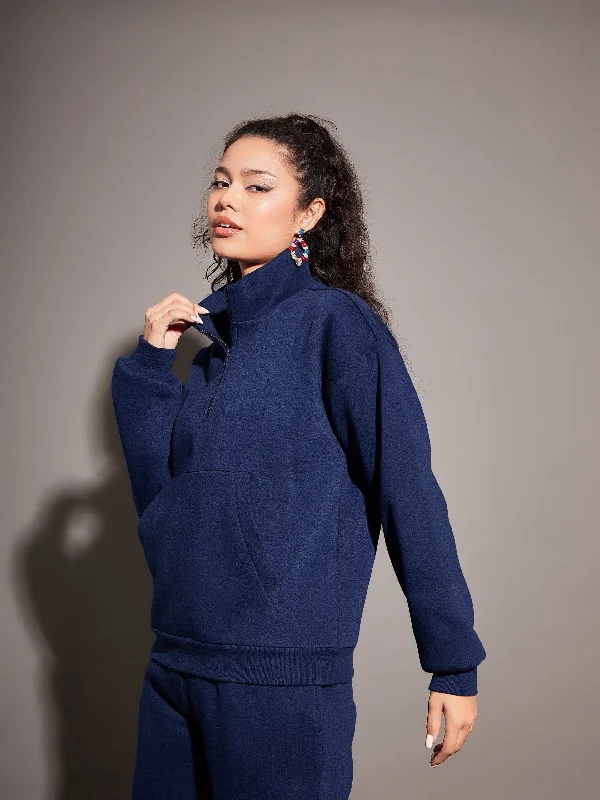 Women Navy Fleece Front Zipper Sweatshirt