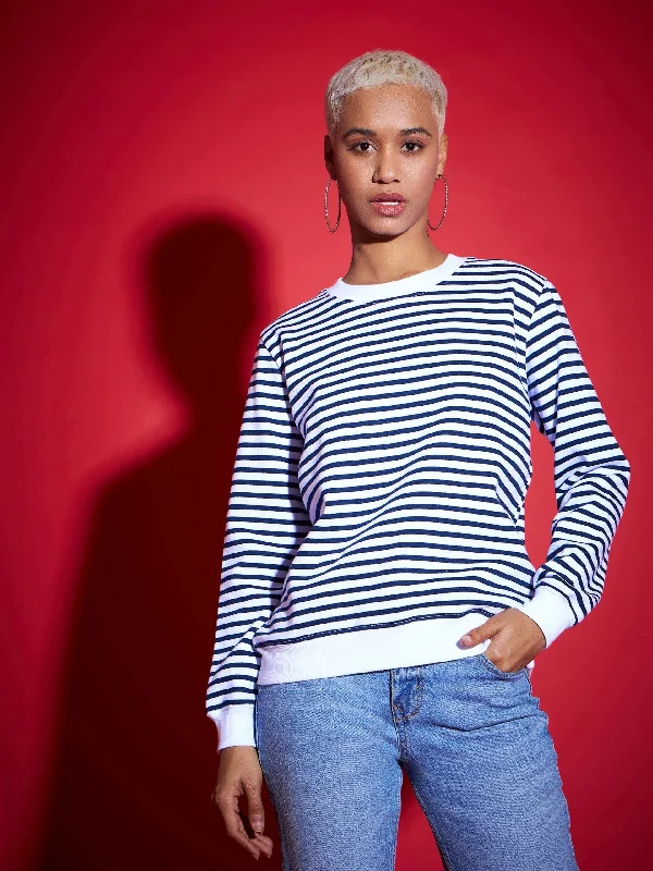 Women Navy & White Striped Fleece Sweatshirt