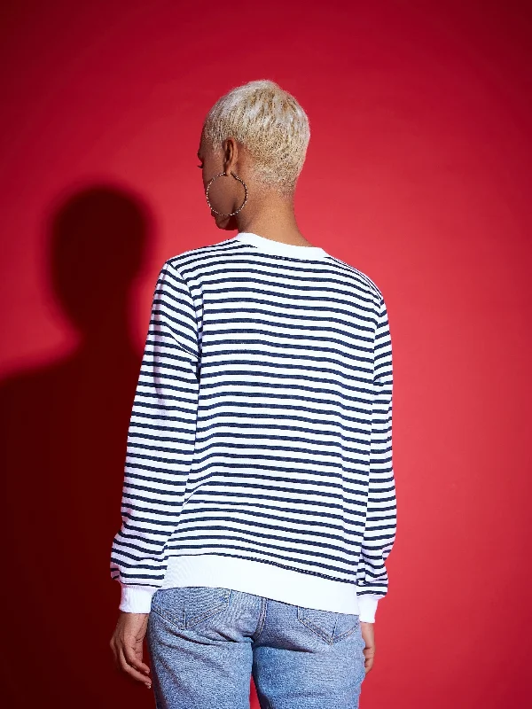 Women Navy & White Striped Fleece Sweatshirt