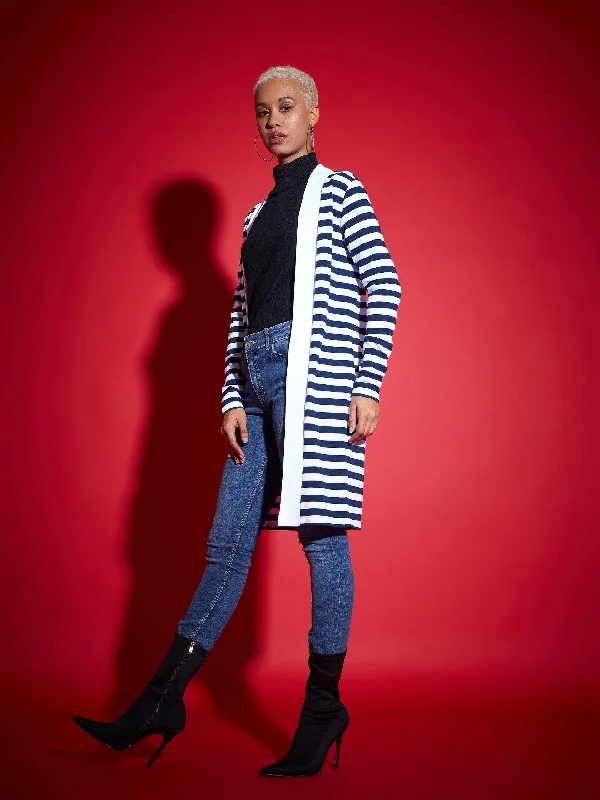 Women Navy & White Striped Front Open Sweater