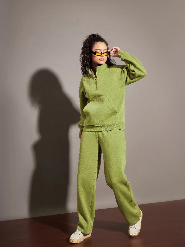 Women Olive Fleece Front Zipper Sweatshirt