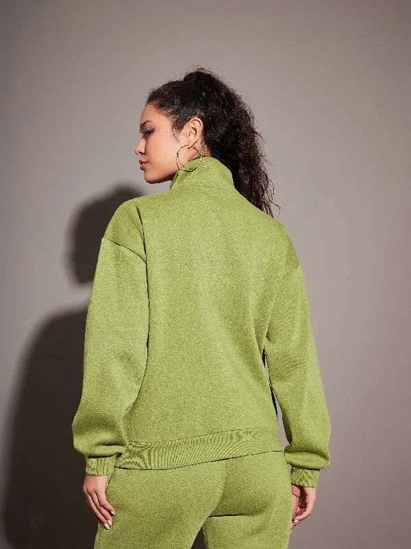 Women Olive Fleece Front Zipper Sweatshirt