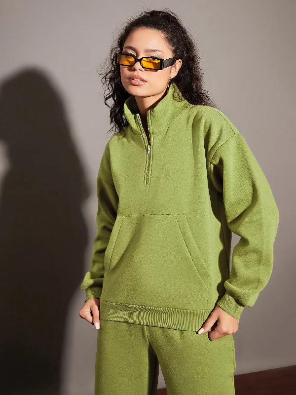 Women Olive Fleece Front Zipper Sweatshirt